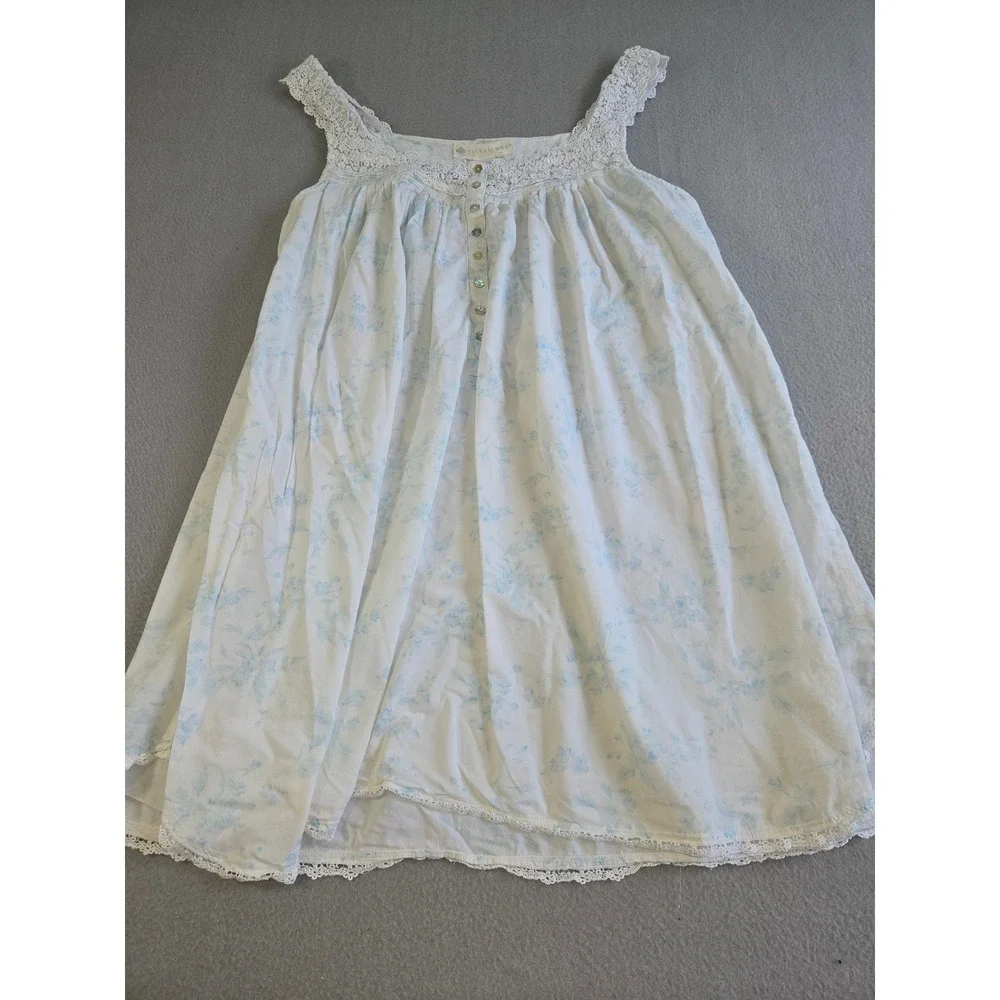 Eileen West Nightgown Womens Large White Blue Floral Cotton Lace Trim Sleeveless